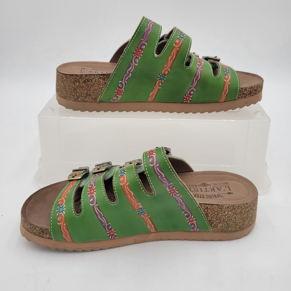 L'artise Spring Step Too Cool Green Sandals Size 39/8.5 Hook and Loop Leather - Picture 3 of 9